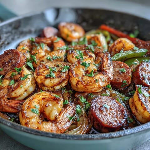 Keto Cajun Shrimp and Sausage Skillet sizzling in a cast-iron pan with vibrant red and green bell peppers, smoky sausage slices, and plump shrimp in bold Cajun spices.  