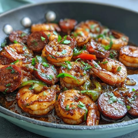 A hearty low-carb Cajun skillet meal featuring juicy shrimp, spicy sausage, and crisp bell peppers, garnished with fresh parsley and ready to serve.  