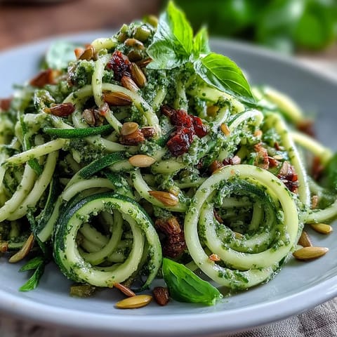Creamy vegan pumpkin seed pesto zucchini noodles topped with fresh basil and cherry tomatoes for a vibrant, plant-based meal.  