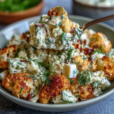 Creamy keto cauliflower potato salad with dill pickles and hard-boiled eggs in a tangy dressing.  