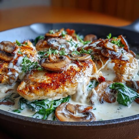 A hearty one-pan keto meal featuring golden chicken breasts simmered with mushrooms and spinach in a velvety Parmesan cream sauce.  