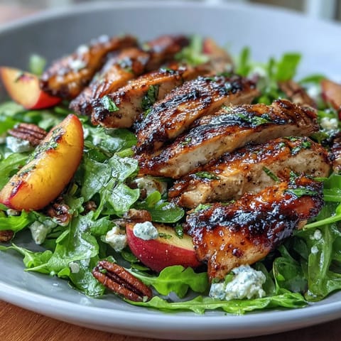 Grilled chicken and peach arugula salad with balsamic drizzle on a rustic wooden platter. Juicy peaches, peppery arugula, and tender chicken combine for a vibrant summer meal.