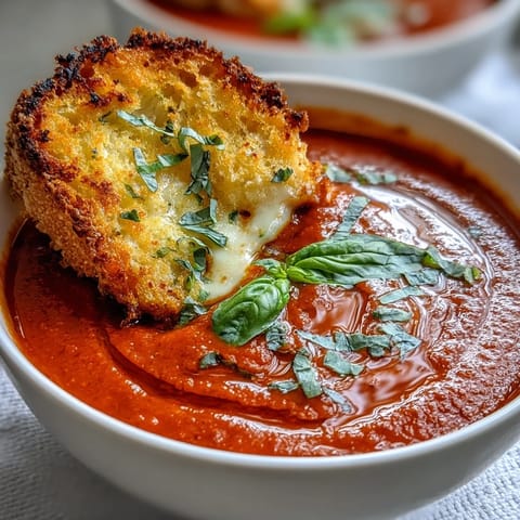 Creamy vegan tomato basil soup with fresh basil and garlic sourdough dippers for dipping.  