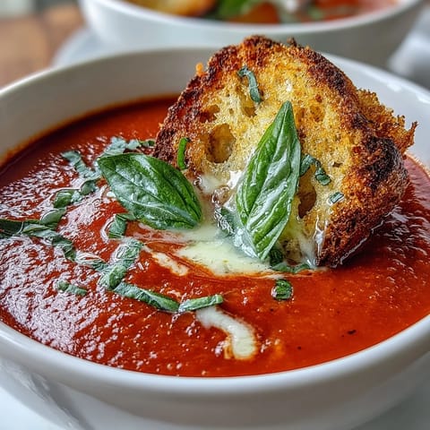 Velvety tomato soup infused with basil, served alongside golden garlic sourdough toast sticks.  
