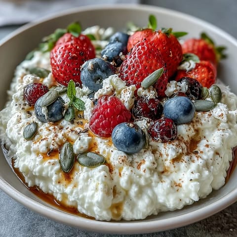 A vibrant bowl of creamy cottage cheese topped with fresh mixed berries and crunchy sunflower and pumpkin seeds for a satisfying snack.
