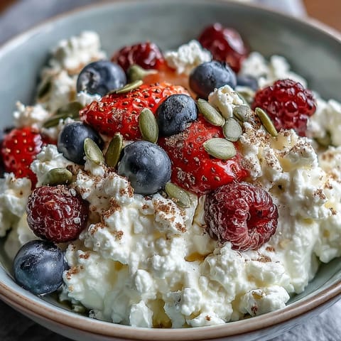 A quick and nutritious cottage cheese berry bowl garnished with chia and flax seeds, drizzled with honey for natural sweetness.