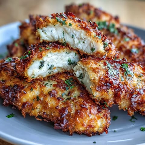 Crispy Parmesan-coated chicken tenders served alongside a vibrant, creamy ranch slaw, perfect for a low-carb American dinner.  