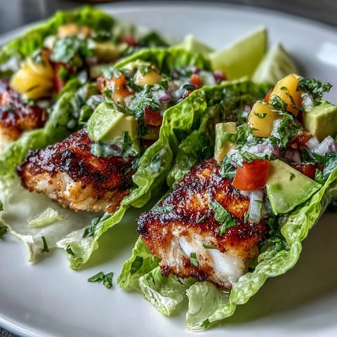 Fresh mango salsa grilled fish tacos served in crisp lettuce shells, perfect for a light and healthy dinner.