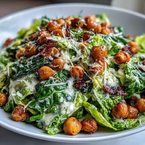 A colorful vegan Caesar salad features crunchy roasted chickpeas and rich cashew dressing for a dairy-free main dish.  