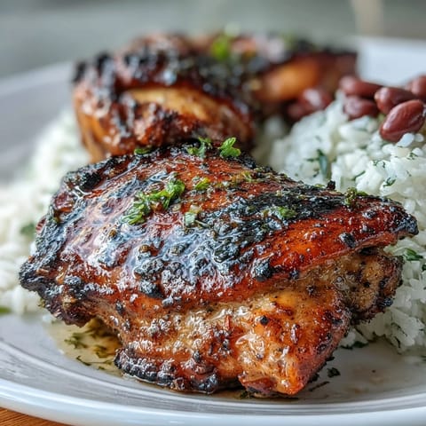 Spicy jerk chicken with crispy skin served over fragrant coconut rice and kidney beans, garnished with fresh thyme and lime wedges.  