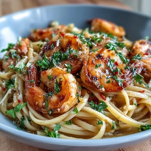 Aromatic chili-garlic shrimp linguine with succulent shrimp and al dente pasta, tossed in a spicy olive oil sauce.