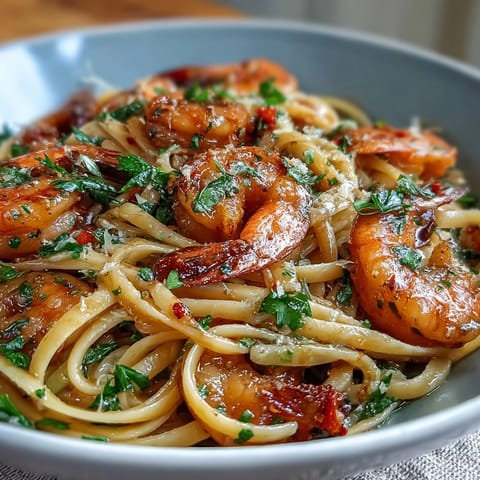 Spicy garlic-chili shrimp linguine featuring tender shrimp, fresh parsley, and a zesty lemon finish for a vibrant pasta dish.