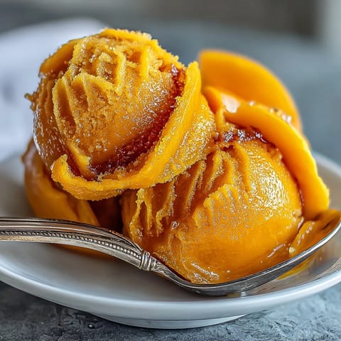 Silky mango sorbet with vibrant tropical flavor and a hint of zesty lime, served in chilled bowls for a refreshing summer treat.