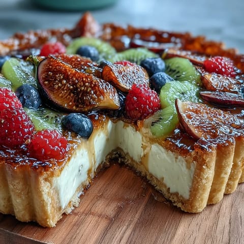 Silky cardamom-infused custard fills a crisp tart shell, topped with a colorful mix of seasonal fruit slices.