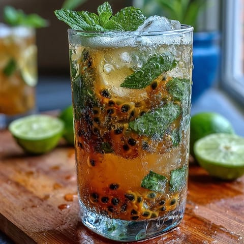 A vibrant passionfruit mojito with fresh mint, lime, and rum, served over ice with a splash of soda water.