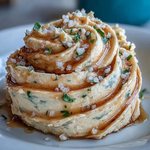 A creamy spread of salted honey butter infused with fresh thyme and chives, perfect for warm bread or cornbread.