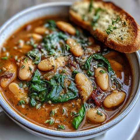 Creamy Tuscan white bean soup with fresh vegetables and herbs, served with crisp garlic bread on the side.  