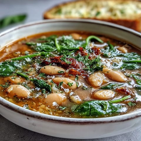 Rustic Italian white bean soup in a bowl, garnished with parsley and paired with golden, buttery garlic bread.  