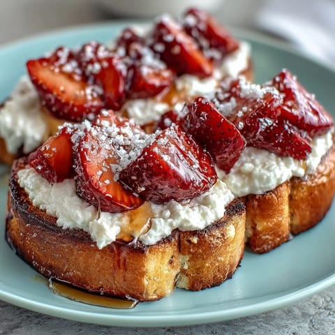 A colorful Galentines brunch plate featuring honey-sweetened ricotta, sliced strawberries, and mint garnish.  