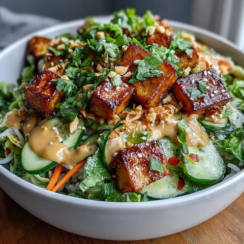 A colorful bowl of rice noodles topped with crisp julienned vegetables and fresh herbs, drizzled with creamy peanut sauce.