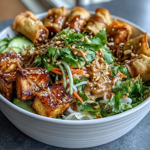 Fresh Asian spring roll bowl featuring vibrant vegetables, golden tofu, and a rich peanut sauce, perfect for a light yet satisfying meal.