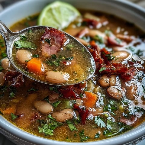 Hearty Tex-Mex ham and pinto bean soup with tender vegetables and smoky spices in a steaming bowl.  