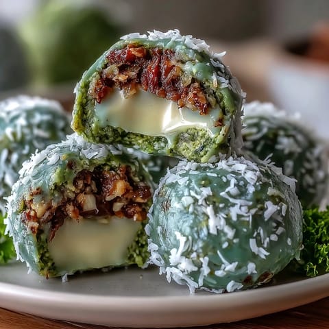 Matcha coconut energy balls with oats, rolled in shredded coconut, offering a vibrant green snack with a nutty, creamy flavor.  