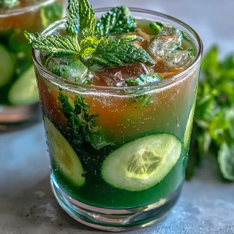 Cucumber, Apple, and Ginger Detox Juice with fresh mint garnish, served over ice in a tall glass.