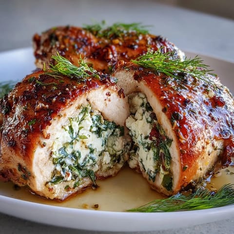 Juicy chicken breasts stuffed with creamy spinach and feta, baked golden with herbs and sun-dried tomatoes.  