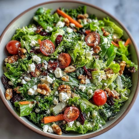 A vibrant bowl of spring greens salad topped with crunchy cucumber, radish, and a drizzle of tangy honey mustard dressing.  