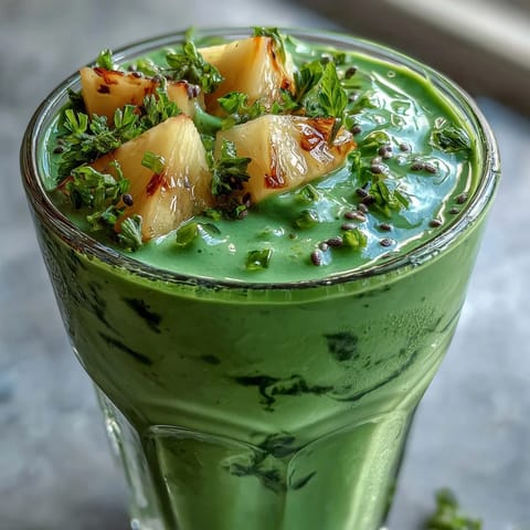 Tropical pineapple and spinach smoothie, a bright green shamrock blend with banana, perfect for breakfast or an energizing afternoon snack.