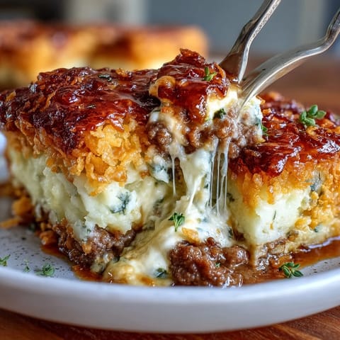 Funeral potatoes shepherds pie mash-up with golden cornflake topping and cheesy mashed potatoes.