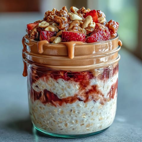 Strawberry PB&J overnight oats with crunchy peanuts, layered with creamy peanut butter and sweet strawberry jam in a jar.