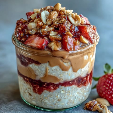 Wholesome strawberry PB&J overnight oats topped with fresh diced strawberries and roasted peanuts for a protein-packed breakfast.