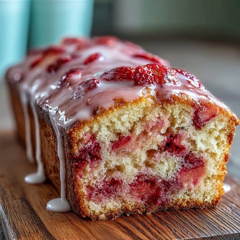 A moist pound cake loaf with vibrant strawberry swirls and glossy vanilla glaze, perfect for spring dessert or teatime.  
