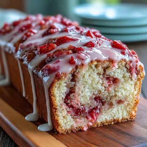 Buttery homemade pound cake marbled with fresh strawberry swirl and topped with a sweet vanilla glaze, ideal for gatherings.  