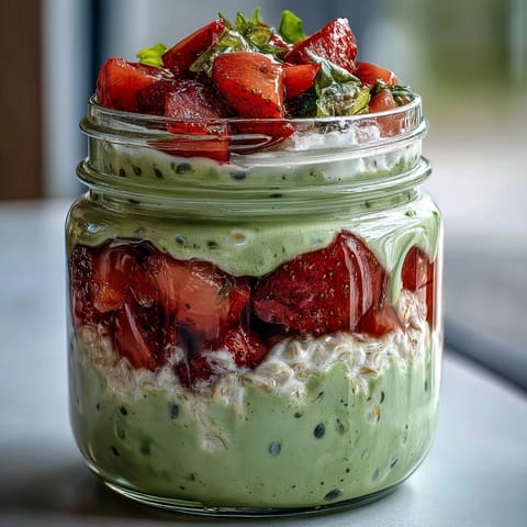 A jar of strawberry matcha latte overnight oats with vibrant red strawberries and green matcha layers, perfect for a healthy breakfast.