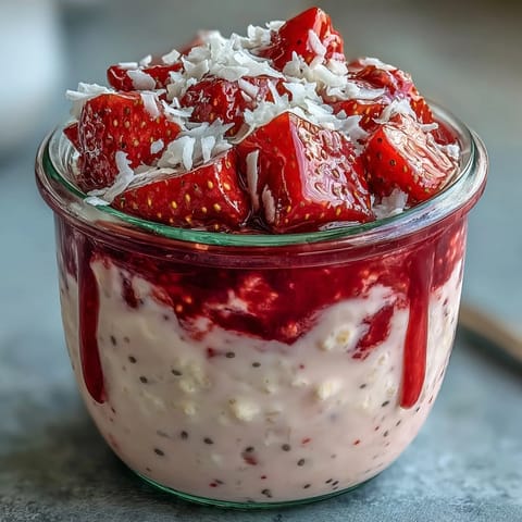 Creamy strawberry coconut overnight oats with juicy berries and a hint of vanilla in a jar.