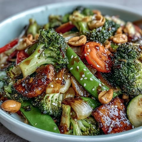 Vibrant veggie stir-fry with colorful peppers, broccoli, and carrots tossed in creamy peanut sauce.  
