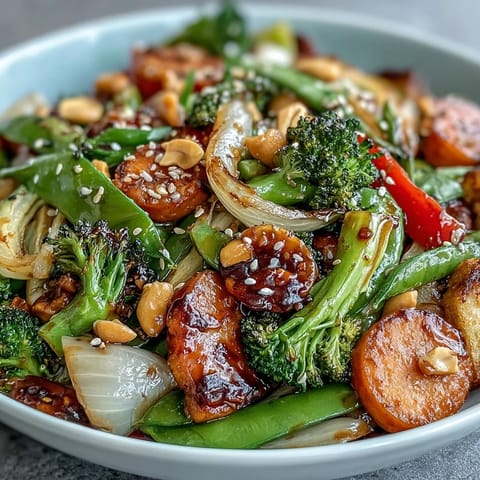 Easy, healthy stir-fry loaded with crisp vegetables and drizzled with rich, savory peanut sauce.  