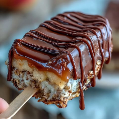 Sweet and tangy apple slices coated in gooey caramel, finished with a glossy chocolate drizzle for an irresistible dessert treat.