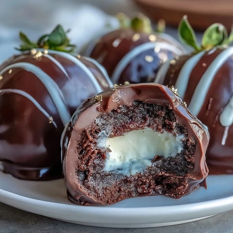 Luxurious Dubai Chocolate Strawberry Bombs filled with silky cream, featuring fresh strawberries encased in rich dark chocolate shells.  