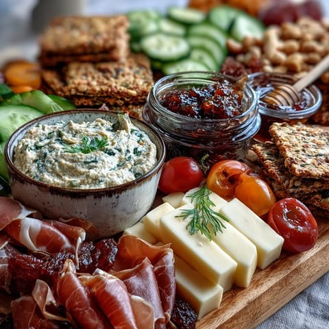 Festive housewarming charcuterie board with cured meats, cheeses, and fresh fruits, paired with herbed Greek yogurt dip and roasted red pepper hummus.