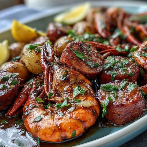 A colorful sheet pan dinner featuring crawfish, andouille sausage, and Cajun-spiced vegetables, perfect for a quick Southern feast.