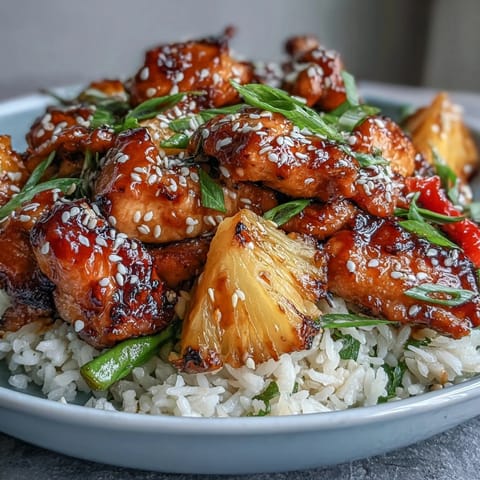 A colorful bowl of tender teriyaki chicken, sweet pineapple chunks, and crisp vegetables served over fluffy jasmine rice.  