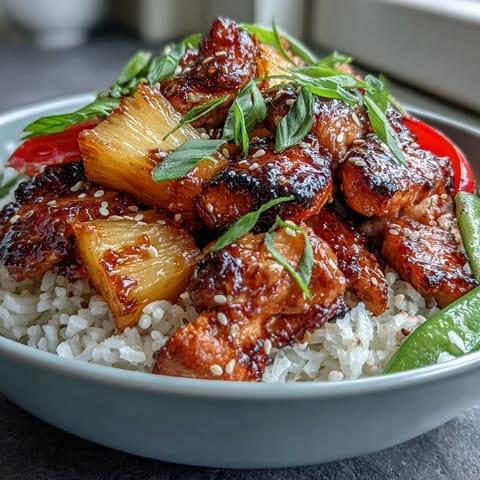 Vibrant Pineapple Teriyaki Chicken Rice Bowls with golden glazed chicken, juicy pineapple, and fresh snap peas for a tropical meal.  