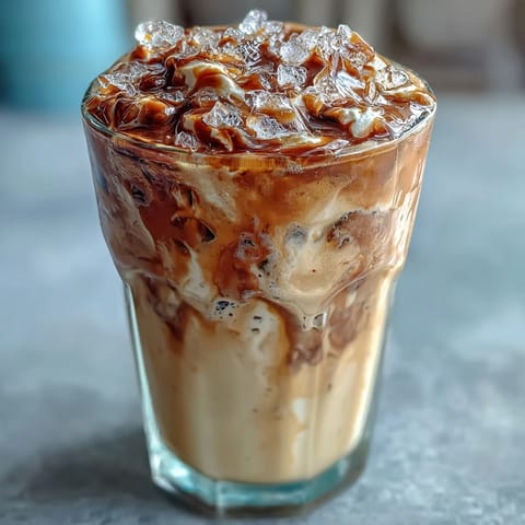 Iced Vanilla Bean Frappuccino with Coconut Whipped Cream in a clear glass, topped with fluffy coconut cream and a sprinkle of vanilla bean powder.