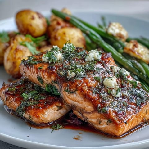Healthy sheet pan salmon with green beans and potatoes, roasted to perfection with lemon and herbs for a colorful, nourishing dinner.  