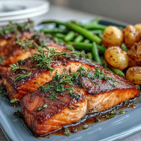 Oven-baked salmon fillets with tender baby potatoes and crisp green beans, seasoned with zesty lemon, Dijon, and fragrant herbs for a balanced meal.  