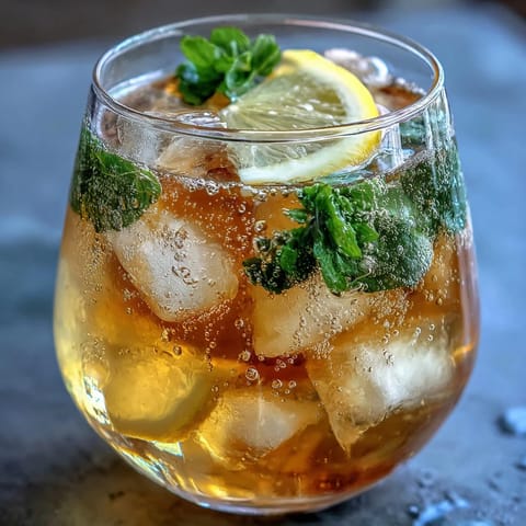 Bright lemon mocktail with sparkling water, vanilla syrup, and fresh mint in a wine glass.